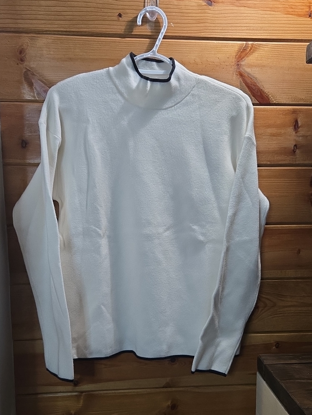 Anthropologie Lt Cream Mockneck Sweater with Black Trim Small Viscose.